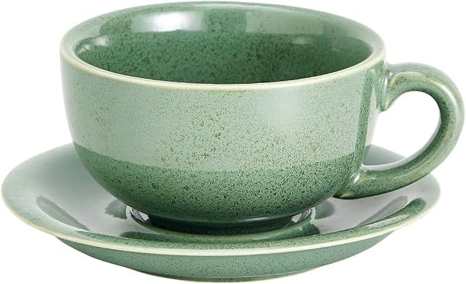Vintage Design 12 oz Ceramic Latte Art Cappuccino Barista Cup with Saucer (Green)