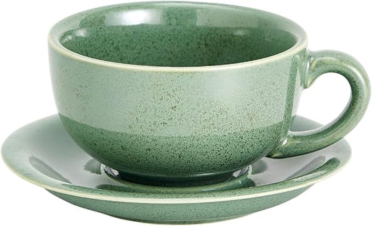 Vintage Design 12 oz Ceramic Latte Art Cappuccino Barista Cup with Saucer (Green)