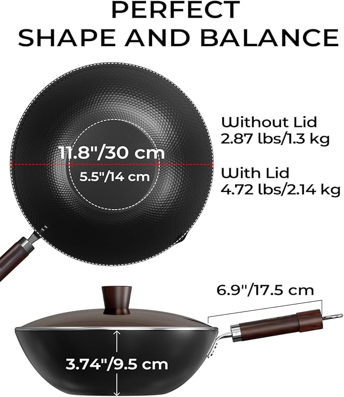 Carbon Steel Wok Pan, Tripole Nitrided Pre-Seasoned Flat Bottom Woks & Stir-Fry Pans Nonstick, Chinese Wok with Glass Lid for All Stovetops, Gift for Chef - 11.8 Inch