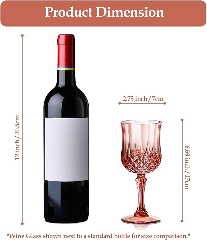 XUWAIDSGN 7oz Plastic Vintage Rose Gold Drinking Glasses Pink Wine Glasses Unbreakable Wedding Glassware Crystal Water Goblets Reusable Drinkware Vintage Champagne Flutes (16, Rose Gold)