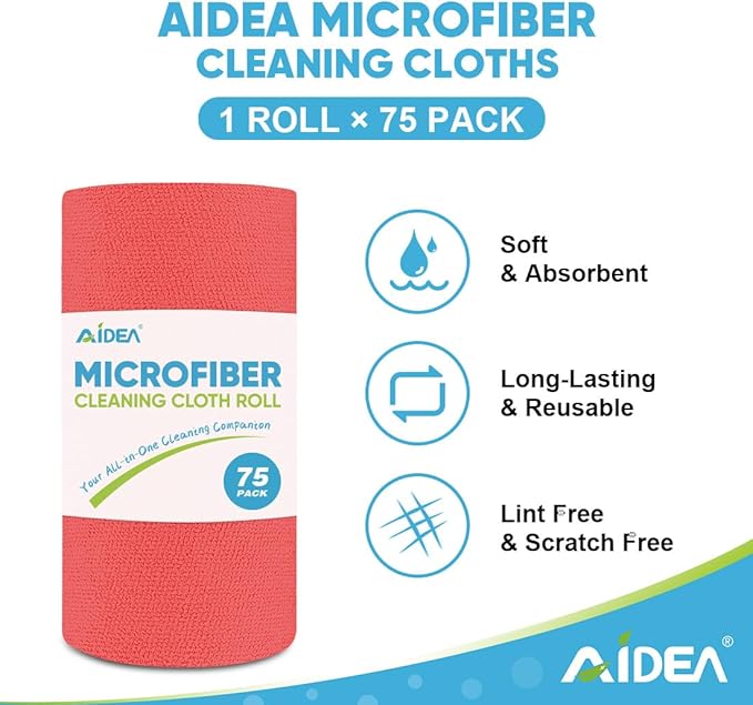 AIDEA Microfiber Cleaning Cloth Roll, 75PK Red, Reusable Paper Towels Tear Away Cloth, Microfiber Towels Washable Shop Rags, Lint Free Cleaning Rags for House, Kitchen, Window, 11.5"×11.5"