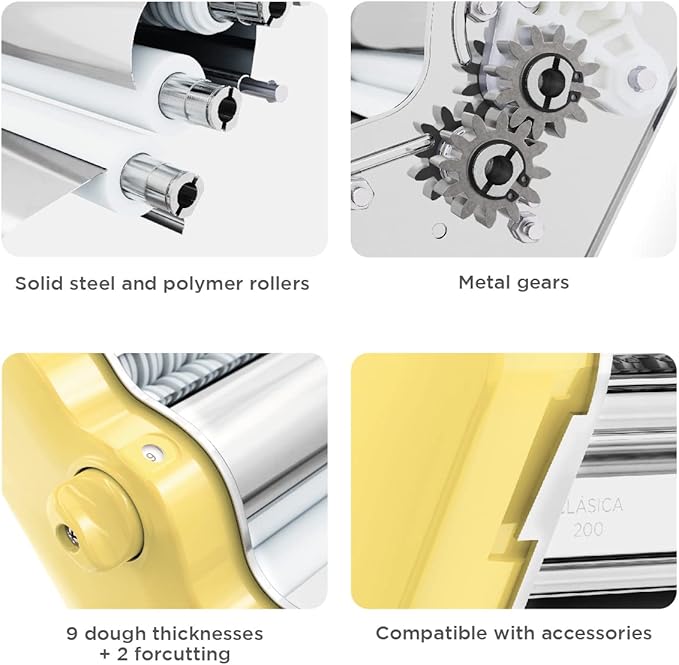 PASTALINDA Classic 200 Pasta Maker Machine, 20 cm Wide Rollers, 9 Thickness Positions, 2 Cutting Positions, Stainless Steel. Includes Reinforced Hand Crank And Two Clamps