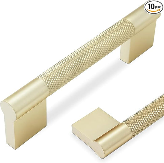 10 Pack 3-3/4 inch(96mm) Brushed Brass Kitchen Cabinet Handles Knurled Cabinet Pulls Gold Drawer Pulls Kitchen Hardware