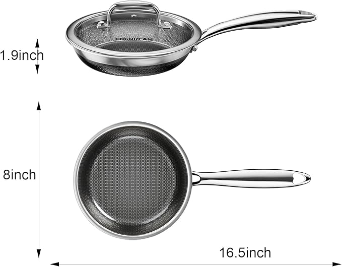 Fogdream 8” Pots and Pans Set Non Stick, Stainless Steel Pan with Lid, Dishwasher and Oven-Safe Frying Pan, PFOA Free and Induction Compatible Cookware Set, Silver