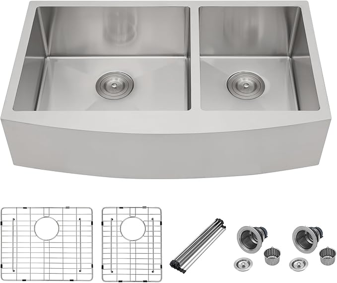 Mocoloo Stainless Farmhouse Kitchen Sink - 33x20 Inch Undermount Double Bowl Kitchen Sinks 16 Gauge Stainless Steel 60/40 Apron Farm Kitchen Sinks, 10 Inch Basin