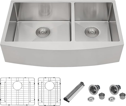 Mocoloo Stainless Farmhouse Kitchen Sink - 33x20 Inch Undermount Double Bowl Kitchen Sinks 16 Gauge Stainless Steel 60/40 Apron Farm Kitchen Sinks, 10 Inch Basin