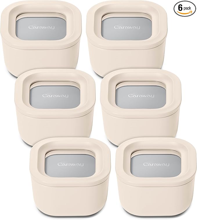 Caraway 6pc Food Storage Container Set - 1.75 Cup Glass Storage Container for Food (6) - Non-Toxic Ceramic-Coated Glass - Air Release Technology - Compact & Stackable Design - Cream
