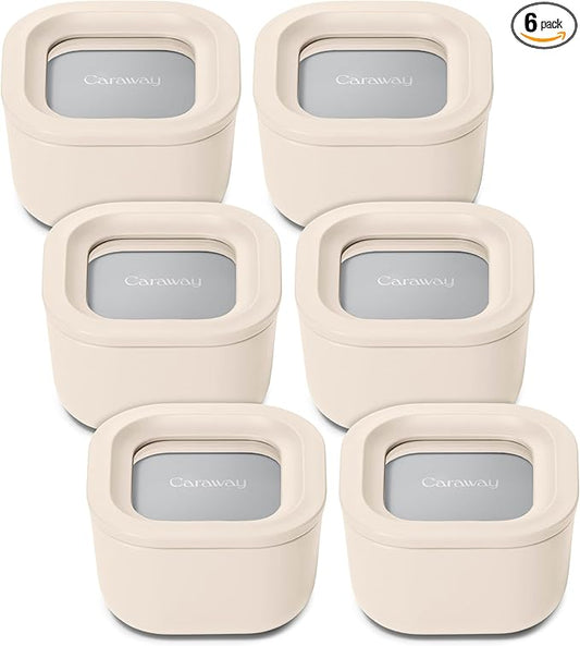 Caraway 6pc Food Storage Container Set - 1.75 Cup Glass Storage Container for Food (6) - Non-Toxic Ceramic-Coated Glass - Air Release Technology - Compact & Stackable Design - Cream