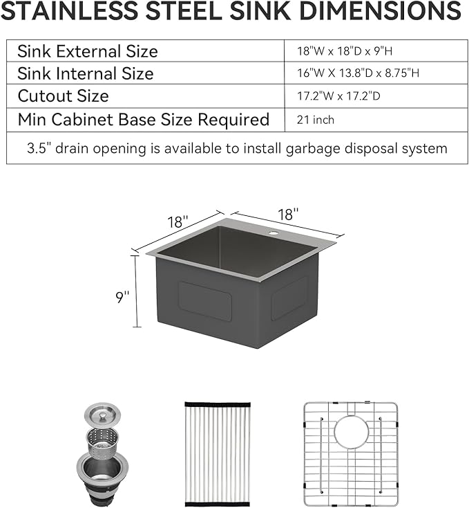 Lordear 18x18 Bar Sink Drop In 16 Gauge T304 Small Kitchen Sink Topmount Bar Prep Island Sink Single Bowl Kitchen Sinks Outdoor Sink 18"