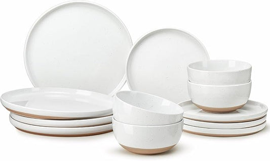 12 Pieces Farmhouse Stoneware Dinnerware Sets, Speckled Ceramic Plates and Bowls Set, Matte Terracotta Underside Ceramic Dishes Set for 4, Scratch Resistant Microwave & Dishwasher Safe (Daylight)