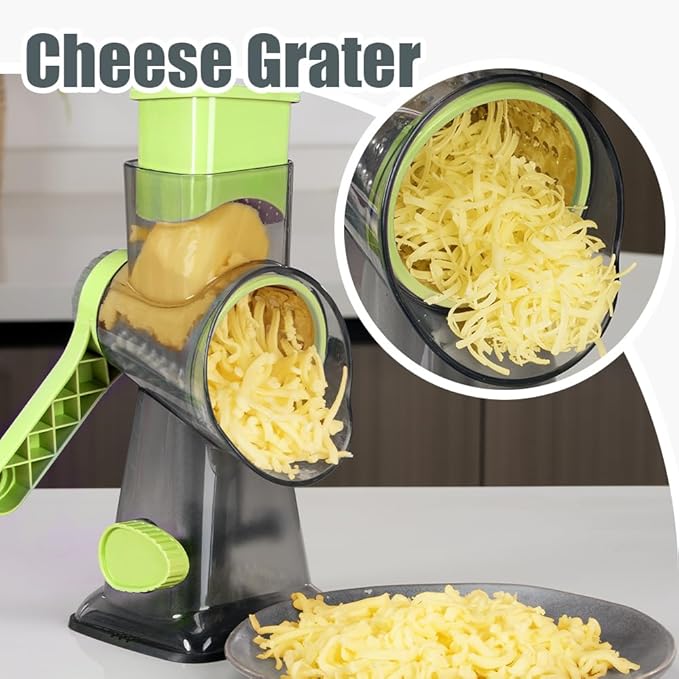 KEOUKE Rotary Cheese Grater Hand Crank Transparent - Shredder Slicer Grinder 3 Stainless Steel Blades, Stable Suction, Labor-Saving Handle, Safe Kitchen Tool for Cheese, Vegetable, Nuts, Chocolate