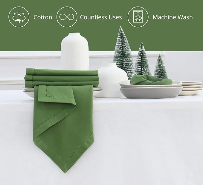 PurpleEssences Set of 12 Hemstitch Cloth Dinner Napkins 100% Cotton - Soft Durable Washable - Ideal for Wedding Christmas Holiday Winter - Perfect Everyday Use Table Linen 18x18 - Sage Green