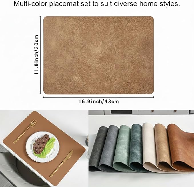 ICEDOG 12"x17" Waterproof PU Placemats - Faux Leather Heat-Resistant & Reversible Table Mats | Oil-Proof, Non-Slip for Kitchen, Dining, Outdoor BBQ (6, Camel)
