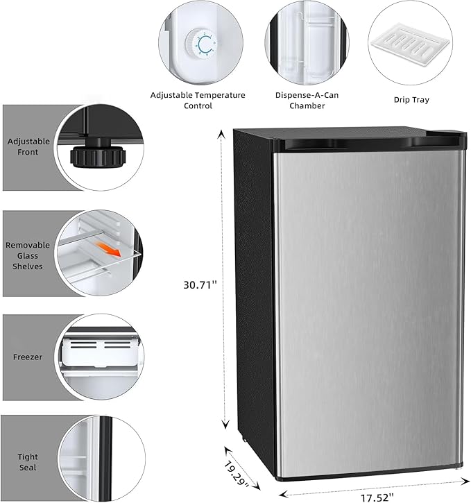Antarctic Star Mini Compact Refrigerator with Freezer, 3.2 Cu.Ft. Single Door with Adjustable Thermostat,Removable Glass Shelves for Apartment/Dorm/Office,Silver