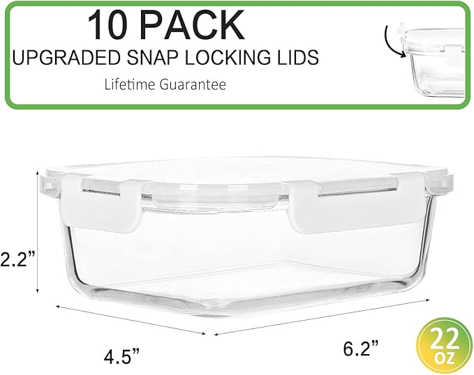 M MCIRCO 10-Pack 22 Oz Glass Meal Prep Containers with Lids - Microwave, Oven, Freezer & Dishwasher Safe - White