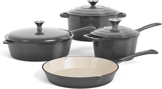 DishDelight Enameled Cast Iron Cookware Set, 7 Piece Set of Dutch Ovens, Sauce Pan, Skillet, 3 Lids, Ceramic Coated Cast Iron Dutch Oven Set, Round Dutch Oven Pot for Sourdough Bread Baking, Gray