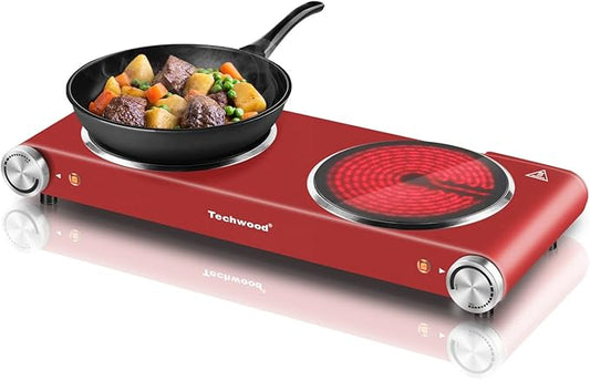 Hot Plate, Techwood 1800W Dual Electric Stoves, Countertop Stove Double Burner for Cooking, Infrared Ceramic Hot Plates Double Cooktop, Red, Brushed Stainless Steel Easy To Clean Upgraded Version, Red