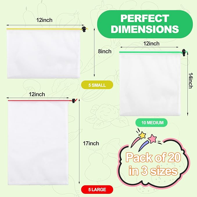 20 Pack Reusable Produce Bags,Mesh Produce Bags Washable,See-Through Vegetables Fruits Bag,Premium Strength Toy Storage Mesh Bags with Drawstring for Fruits Vegetables Fridge Storage Toys,3 Sizes
