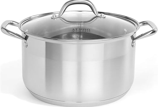 Alpha Living SP-08G Stainless Steel Pot with Capsule Bottom – Induction Compatible 8Qt Pot with Lid – Tri-Ply Ultra-Thick Bottom – Ideal for Spaghetti, Cooking, Canning, Boiling