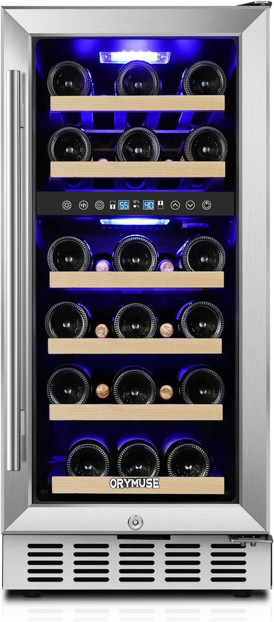 15 Inch Wine Cooler Under Counter, 30 Bottle Dual Zone Wine Fridge with Stainless Steel Glass Door, Built-In or Freestanding Wine Cellar with Digital Temperature Control for Home, Kitchen, or Office