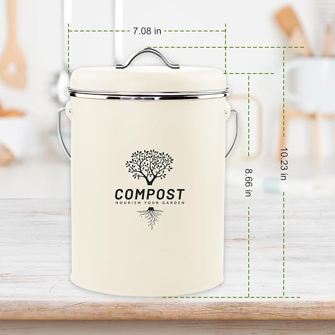 Kitchen Countertop Compost Bin, Odor Resistant Indoor Compost Bin with Lid and Charcoal Filter, Rust Resistant Coated Compost Bucket, Compost Container, Cream