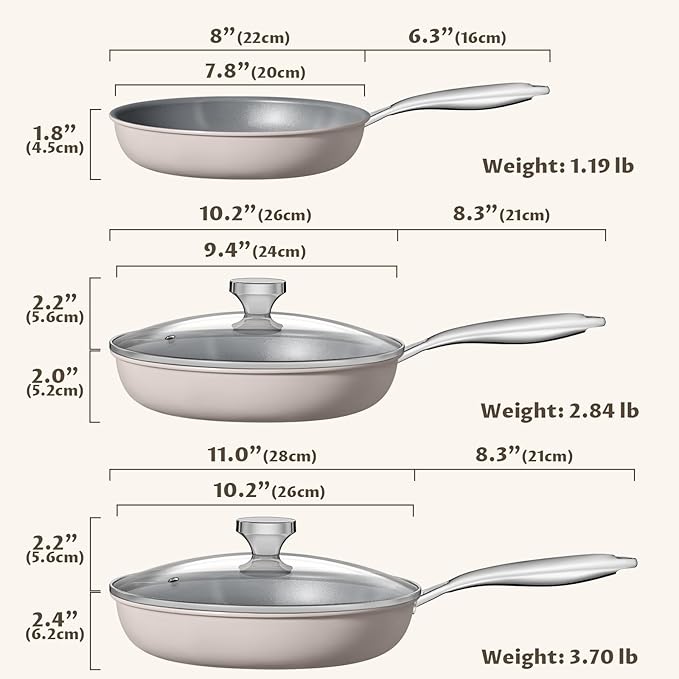 Non Stick Frying Pans Set, Ceramic Frying Pans Nonstick with Lid, Molecular-bonded Induction Base, Induction Cookware PFOA/PTFE Free, 8" 10" 11" Non Stick Skillet Set, Compatible with All Stovetops