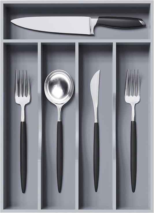 Greenual Gray Silverware Organizer 10 In Utensil Organizer Silverware Tray for Drawer Cutlery Flatware Organizer for Kitchen Bamboo Wood