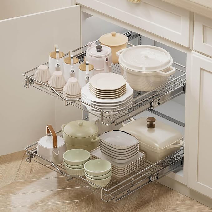 OCG 2 Tier Pull Out Cabinet Organizer (22.5" W x 21.5" D), Pull Out Drawers for Kitchen Cabinets, Pull Out Shelves for Base Cabinet Organization in Kitchen Bathroom Pantry, Chrome Finish