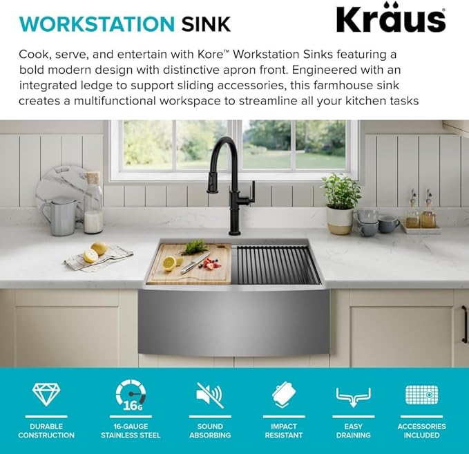 KRAUS Kore 24-Inch Farmhouse Workstation 16 Gauge Single Bowl Stainless Steel Kitchen Sink with Accessories, KWF210-24