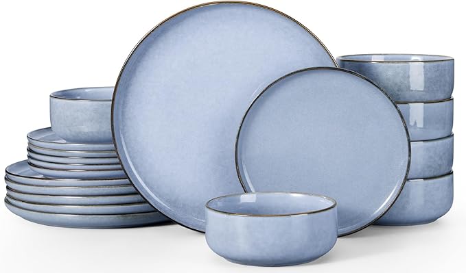Herogo 18-Piece Stoneware Dinnerware Set for 6, Stackable Dinner Plates and Bowls Sets, Double Reactive Glaze Dishware Place Setting for Kitchen, Scratch Resistant, Microwave Safe, Haze Blue