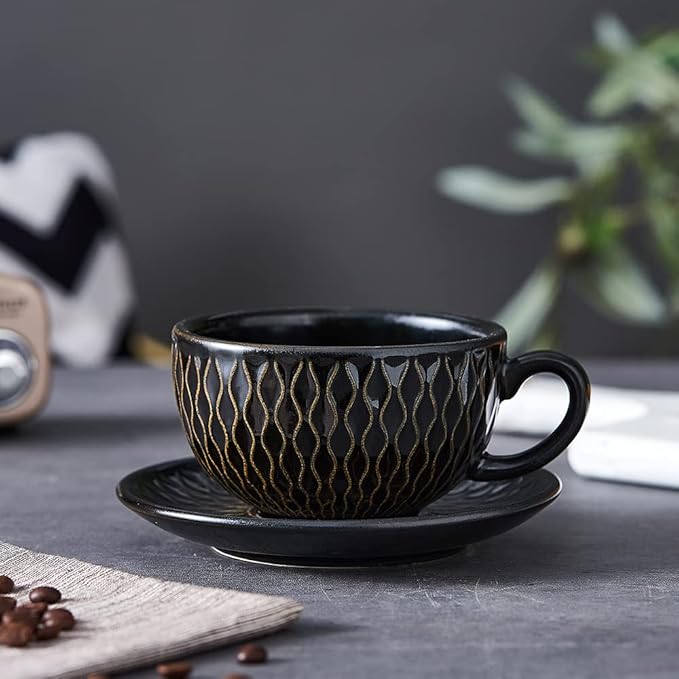Vintage Design 12 oz Ceramic Latte Art Cappuccino Barista Cup with Saucer (Embossed Black)