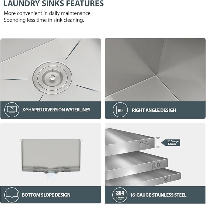 Lordear Undermount Laundry Sink 23" x 18" x 12" Single Bowl 16 Gauge Stainless Steel Deep Laundry Room Utility Kitchen Sinks Basin