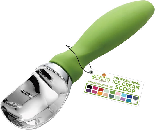 Spring Chef Green Heavy Duty Ice Cream Scoop with Non-Slip Handle - Professional Metal Ice Cream Scooper for Cookie Dough, Frozen Yogurt, Gelato, Sorbet, Melon - Dishwasher Safe Kitchen Tool