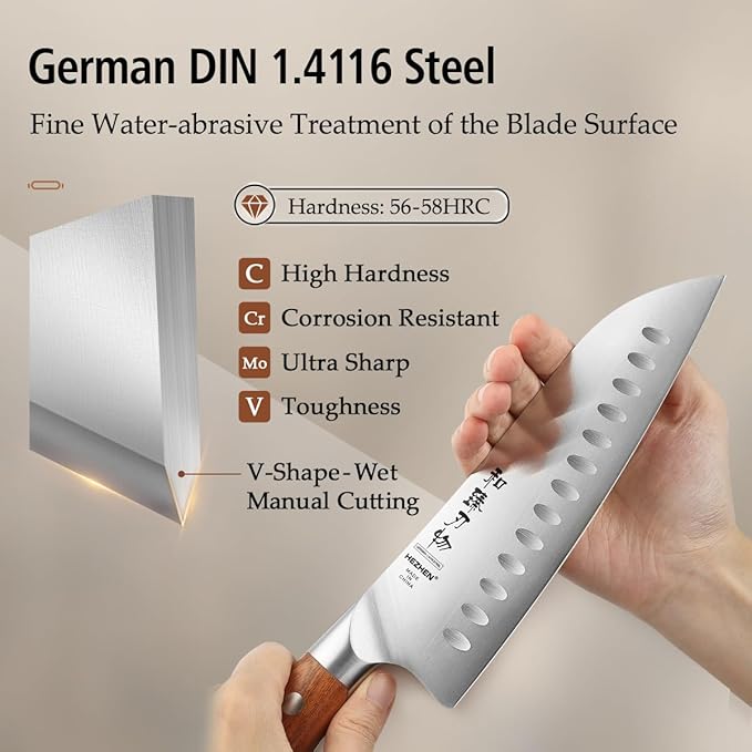 HEZHEN Santoku Chef Knife-7.3 inch Blade German DIN 1.4116 Stainless Steel-Full Tang-Red Wood Handle