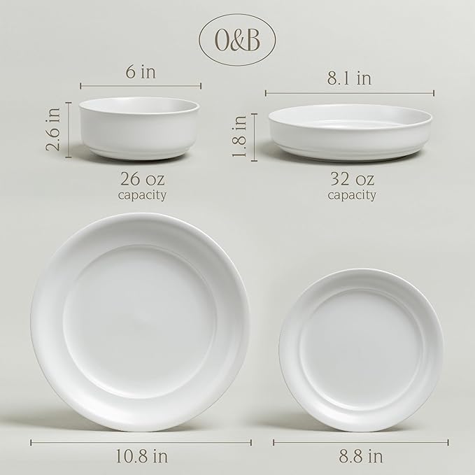 over&back Rim Dinnerware Set - Stoneware Dishes - Comes with 4 Dinner Plates, Salad Plates, Cereal Bowls, and Dinner Bowls - 16-Piece All-Occasion Place Settings - Serves Four - Semi-Matte White