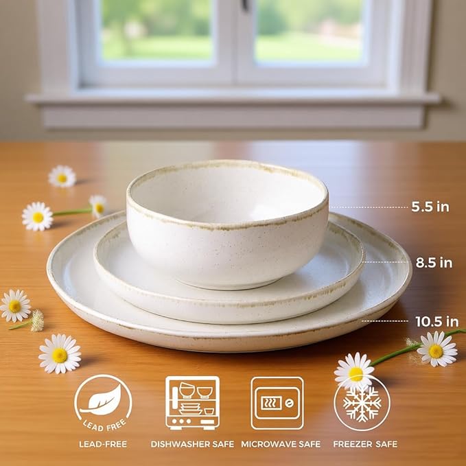 AmorArc Ceramic Dinnerware Sets, Wavy Rim Stoneware Plates and Bowls Sets, Highly Scratch Resistant | Dishwasher & Microwave Dishes set, Service for 6 (18pc)-Speckled Cappuccino