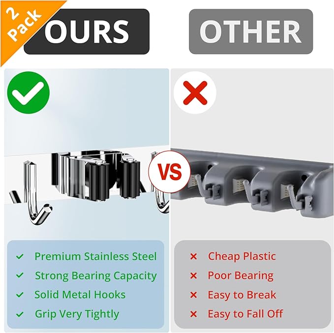 ZONGOOL 2 Pack 3 Racks and 4 Hooks Mop and Broom Holder Wall Mount, Heavy Duty Broom Hanger Organizer Storage Tool Racks Stainless Steel Self Adhesive Wall Hanger for Kitchen Garden Laundry Garage