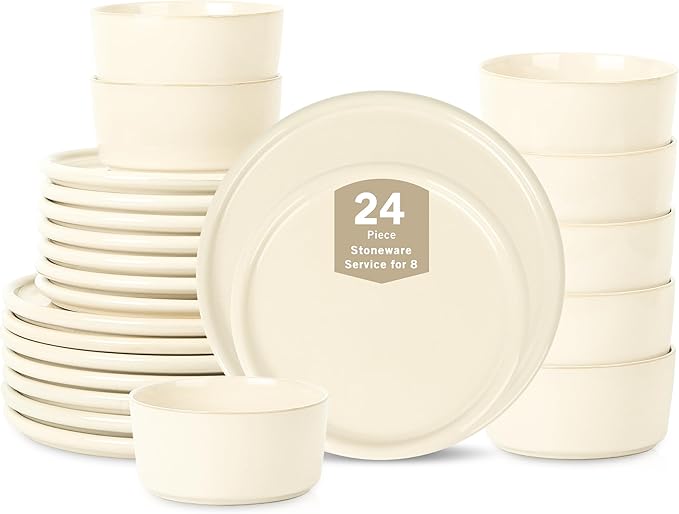 Stone Lain Eden 24-Piece Dinnerware Set Stoneware, Plates and Bowls Set, Dishwasher and Microwave Safe Dish, Dish Set for 8, Beige