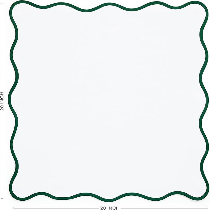 Solino Home Scallop Linen Cloth Napkins Set of 4-100% Pure Linen Christmas Green and White Dinner Napkins 20 x 20 Inch - Giselle Scallop Edge, Handcrafted and Machine Washable