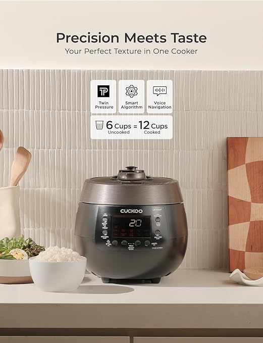 CUCKOO Twin Pressure Rice Cooker 6-Cup Uncooked / 12-Cup Cooked with Nonstick Inner Pot, Versatile Rice Maker & Warmer with 14 Menu Options, Voice Guide, Auto Clean, Black (CRP-RT0609FB)