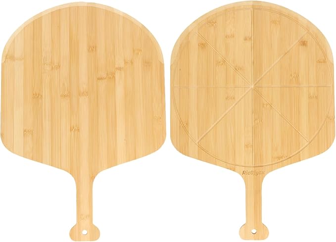 16 inch Natural Bamboo Pizza Peel Set of 2, Double-Sided Use Pizza Cutting Board with 8 Slice Grooves for Pizza, Bread, Cheese, Vegetable, Fruits