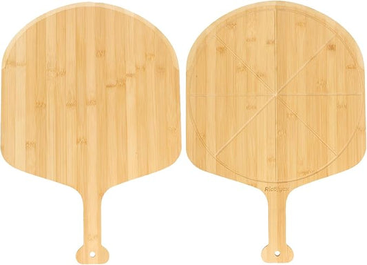 16 inch Natural Bamboo Pizza Peel Set of 2, Double-Sided Use Pizza Cutting Board with 8 Slice Grooves for Pizza, Bread, Cheese, Vegetable, Fruits