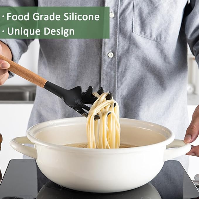 Silicone Pasta Fork and Silicone Cooking Spoon Set, Large Non Stick Kitchen Utensils for Cooking, Stirring, Serving Spaghetti, Soup, Sauce