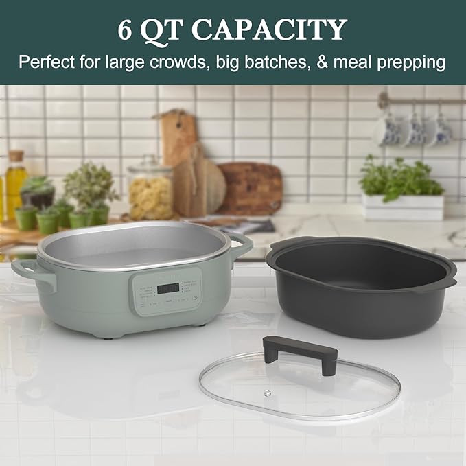 MAGNIFIQUE 6 Quart Multi-Cooker, with 8-in-1 Casserole Programmable Slow Cooker, Dutch Oven, Pasta, Nonstick, Oven Safe Pot to 500°F Olive
