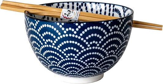 Urban Tokyo Porcelain Japanese Motif Design Ramen Udon Noodle Rice Bowl With Chopsticks 20 fl oz 6 inch Diameter Bowl Sets Color Box Packaging (Seigaiha Waves)