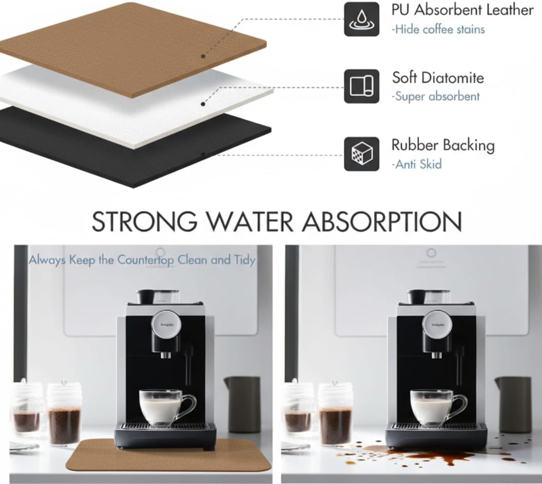 Dish Drying Mat Super Absorbent – 16" x 12" Coffee Mat for Countertops – Non-Slip Drying Mat for Kitchen Counter – Easy to Clean Water Absorbent Mat – Quick Dry Dish Drying Mats (Brown)