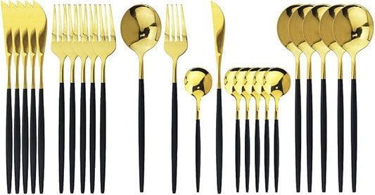 JASHII Flatware Serving Set 24 Piece, Stainless Steel Silverware Set, Titanium Black Gold Cutlery Set, Modern Elegant Tableware Set for Party, Christmas, Dinner (Black Gold)