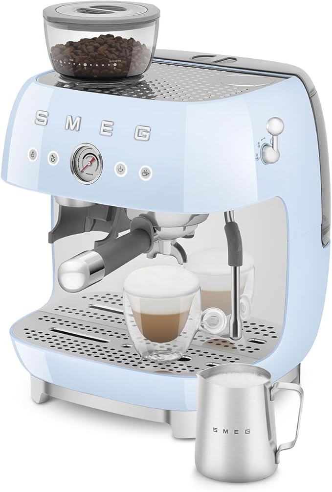 Smeg EGF03 Semi-Automatic Espresso Machine with Built-In Grinder, Dual Thermoblock, 50’s Retro Style – Pastel Blue (120 V)