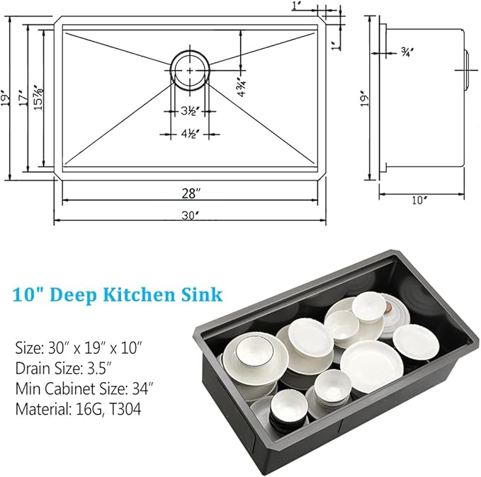 30 Inch Undermount Kitchen Sink Black Stainless Steel Deep Commercial 16 Gauge Single Bowl Undermount Workstation Sink
