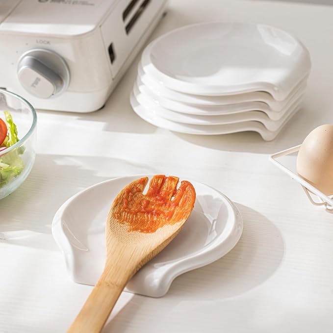 Spoon Rest, Ceramic Ladle Rest for Stove Top, 5.5 Inches Spoon Holder for Kitchen Counter Porcelain, Kitchen Utensils Accessories, Set of 4, White